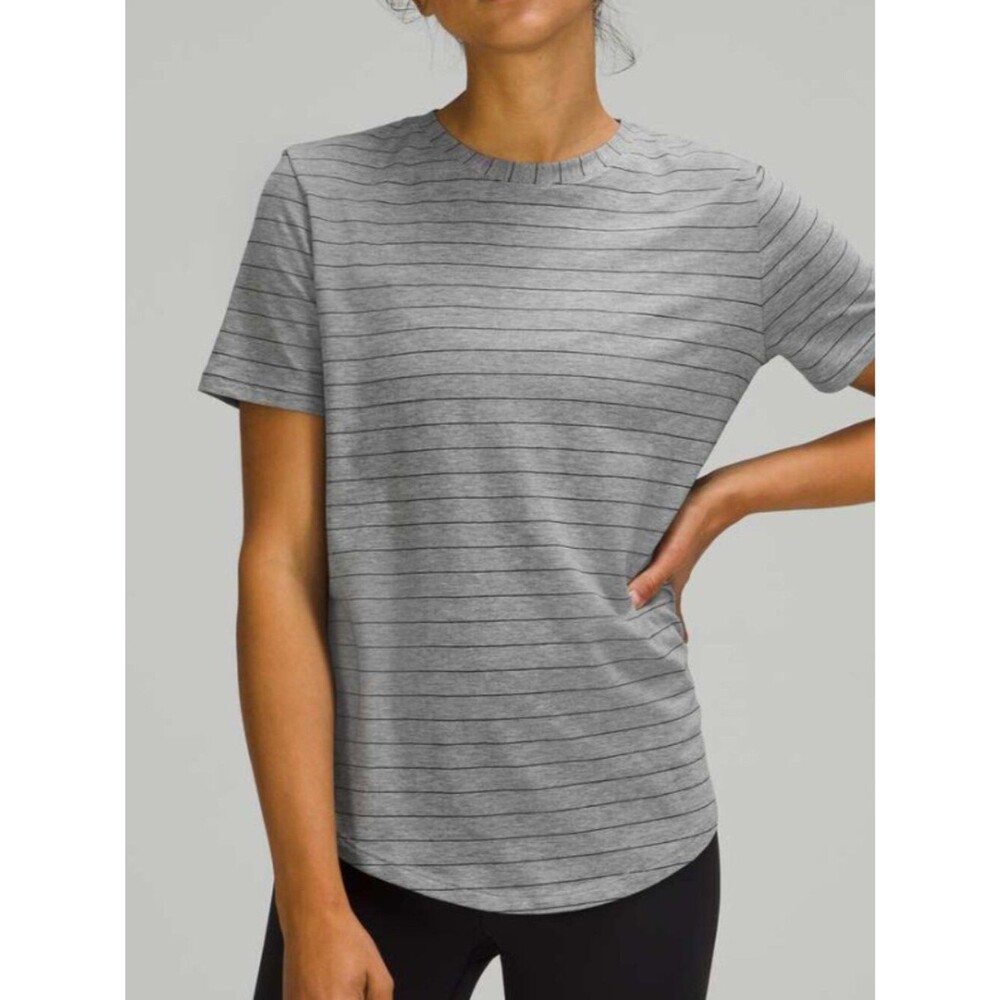 Lululemon Grey and Black Striped All yours tee size 2